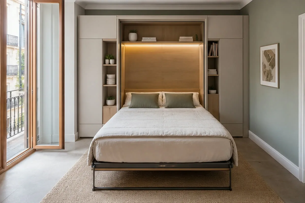 Dormitorio compacto con cama abatible y muebles a medida
